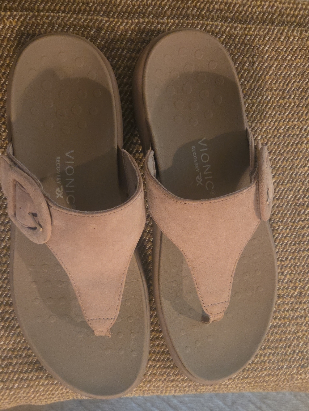Vionic Taupe Suede Thong Sandals with Buckle Accent